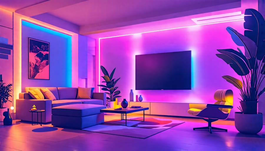 A living room featuring smart lighting with calming colors, creating a relaxing atmosphere