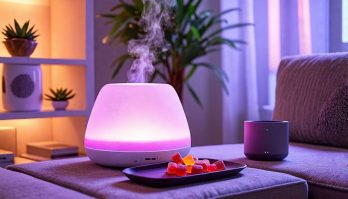 A modern living room showcasing smart lighting, a smart speaker, and an aroma diffuser, with a tray of THC gummies placed on a table, symbolizing the blend of smart home tech and relaxation.